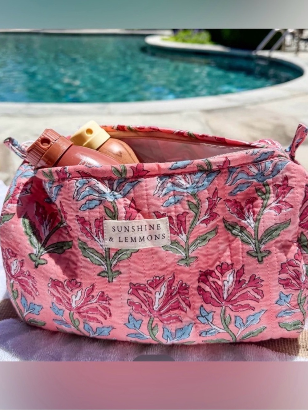 Sunshine and Lemmons Floral Hattie Pink  Quilted Cosmetic Pouch Travel Beach